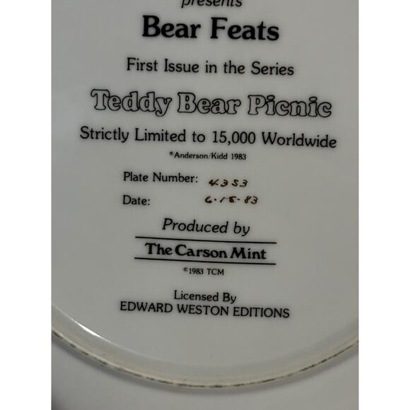 Vintage 1983 Susan Anderson's Bear Feats Teddy Bear Picnic Plate decor collector - Picture 7 of 8